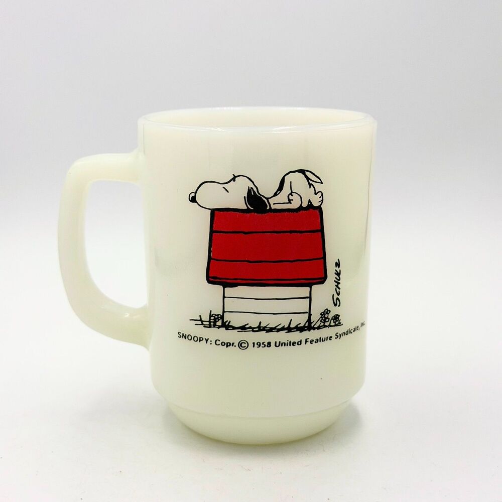 Vintage 1959 Fire King Snoopy Mug Allergic to Morning Peanuts Milk Glass
